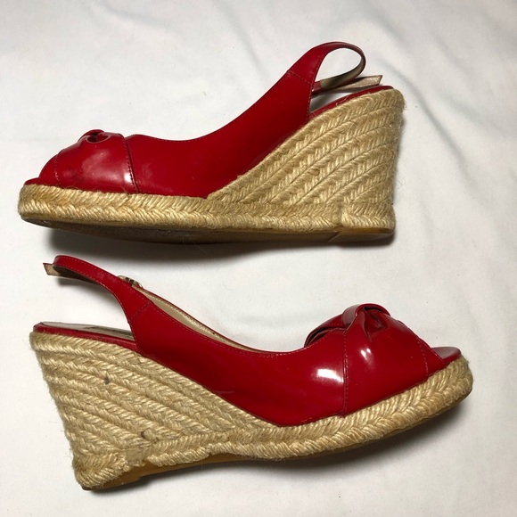 Valentino Garavani Italy red patent leather bow wedge espadrille sandals 38 - Picture 9 of 14